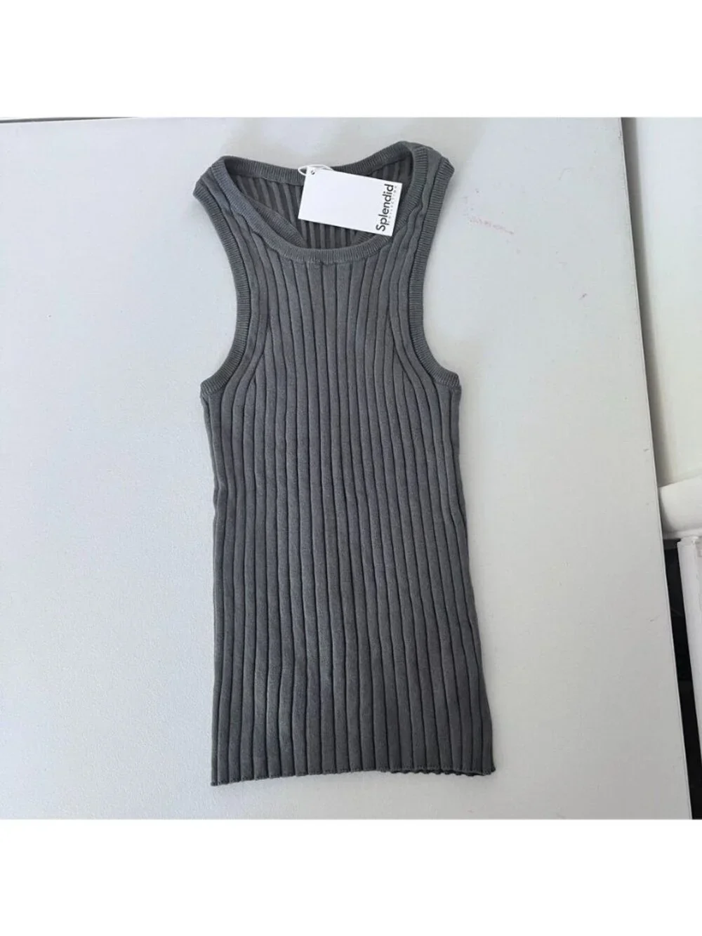 Boho Women Sz L Chunky Ribbed Racerback Tank Top Olive Green Coastal Minimalist - Picture 10 of 11